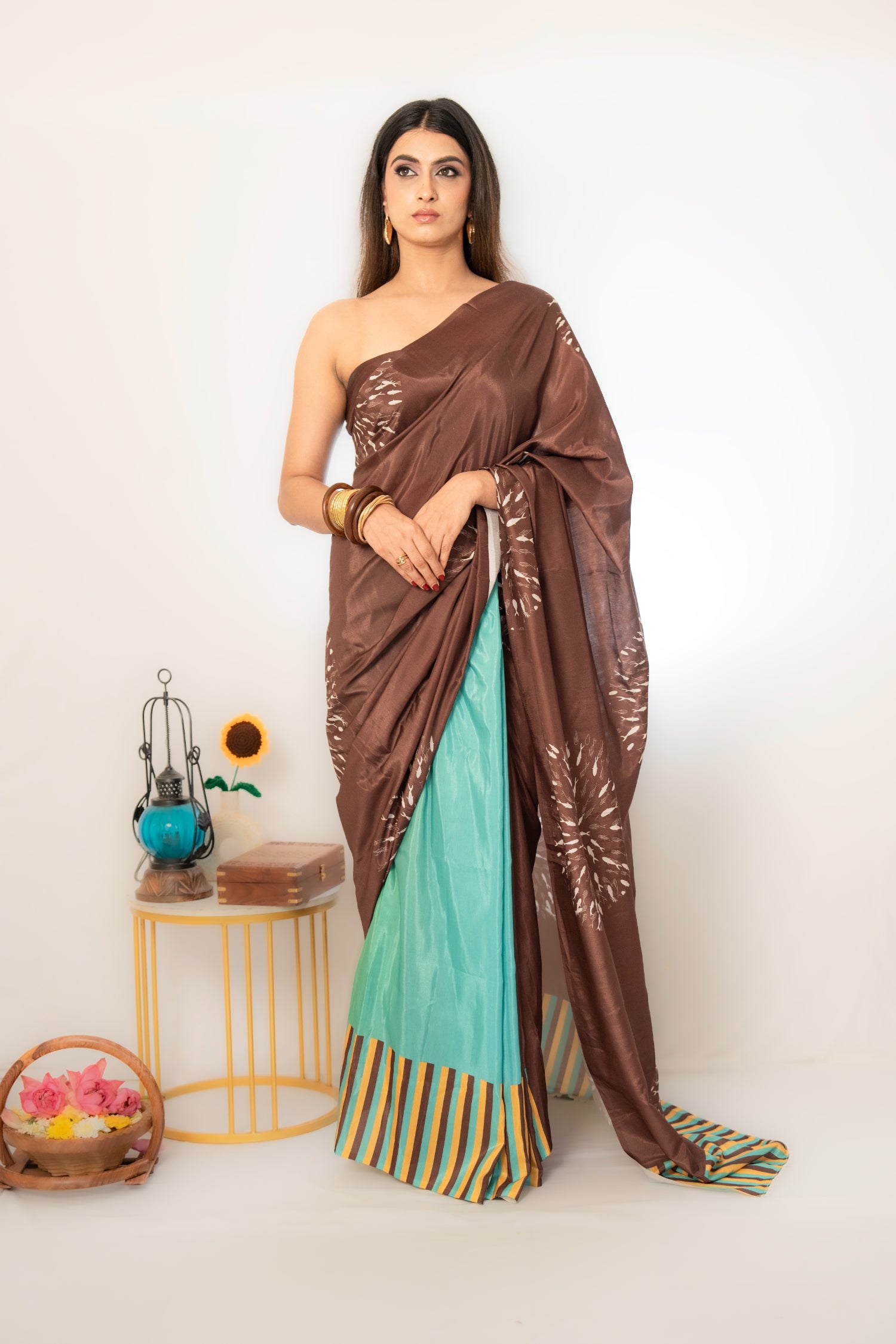 Matsya Mélange – Dark Chocolate Digital Print Cotton Silk Saree with Fish & Floral Motifs - Kozylook